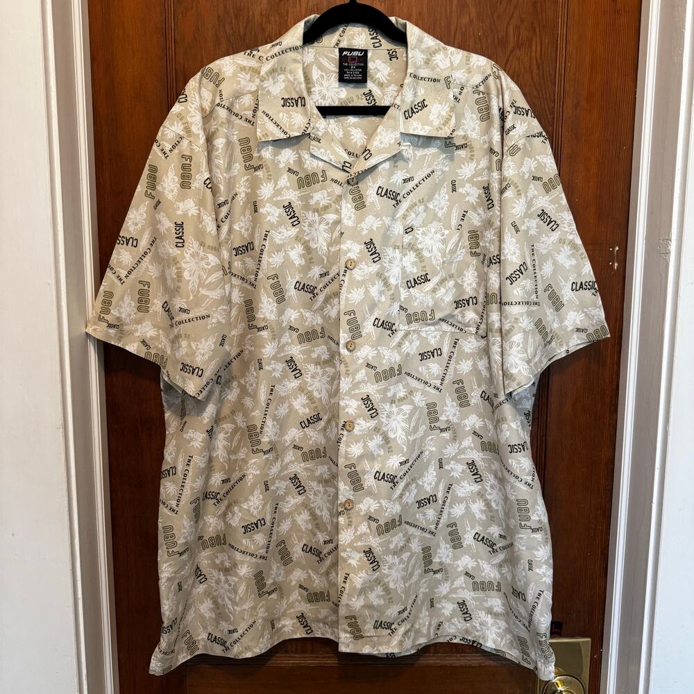 FUBU Hawaiian Style Camp Shirt Button Down Classic Collection Beige XXL Flaw AOP